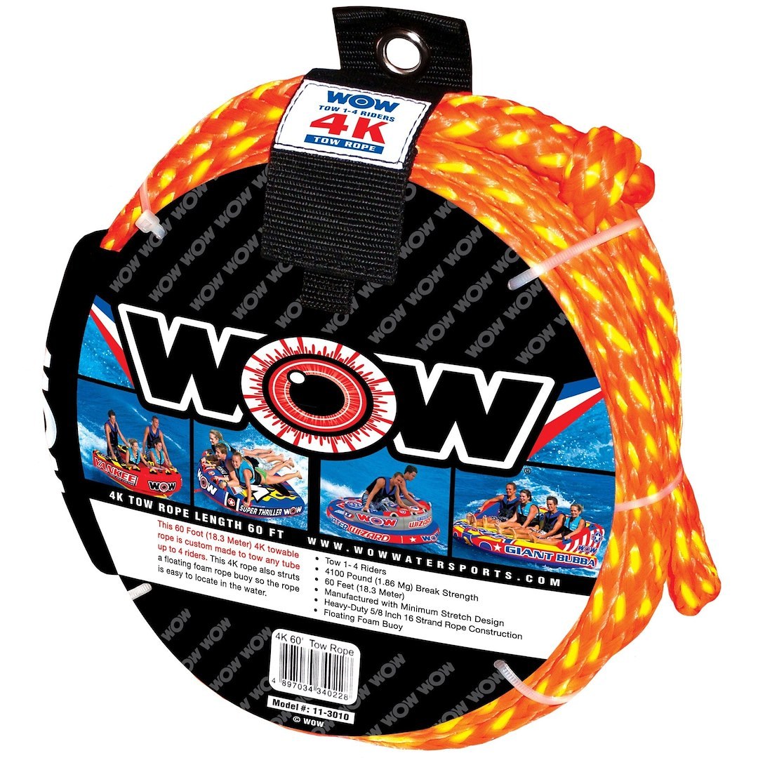 Wow Sports Towable Tube Tow Rope, 4K, Use to Tow Towable Tube of 1 to 4 Riders, 4100 Pound Breaking Strength, 60 Feet Length – 11-3010