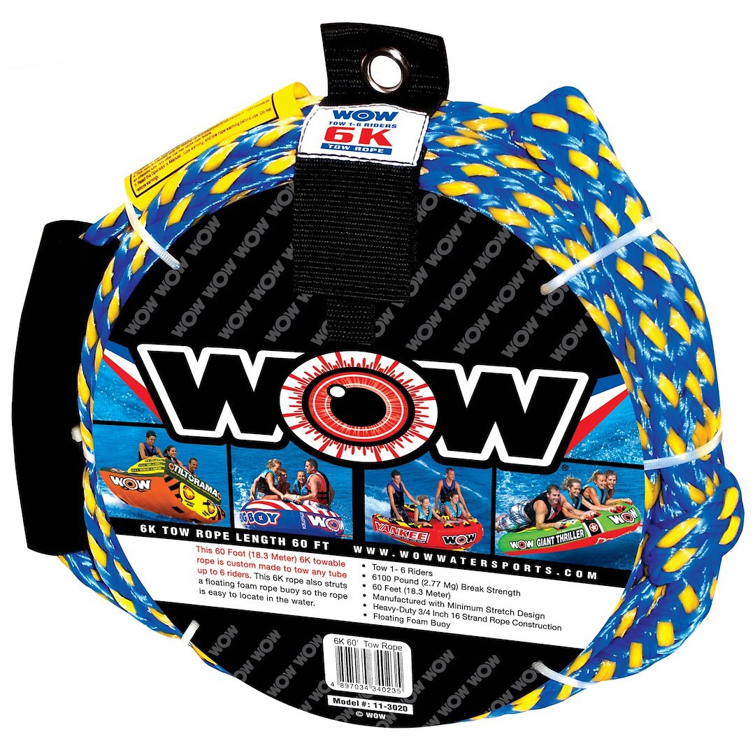 Wow Sports Towable Tube Tow Rope, 6K, Use to Tow Towable Tube of 1 to 6 Riders, 6100 Pound Breaking Strength, 60 Feet Length – 11-3020