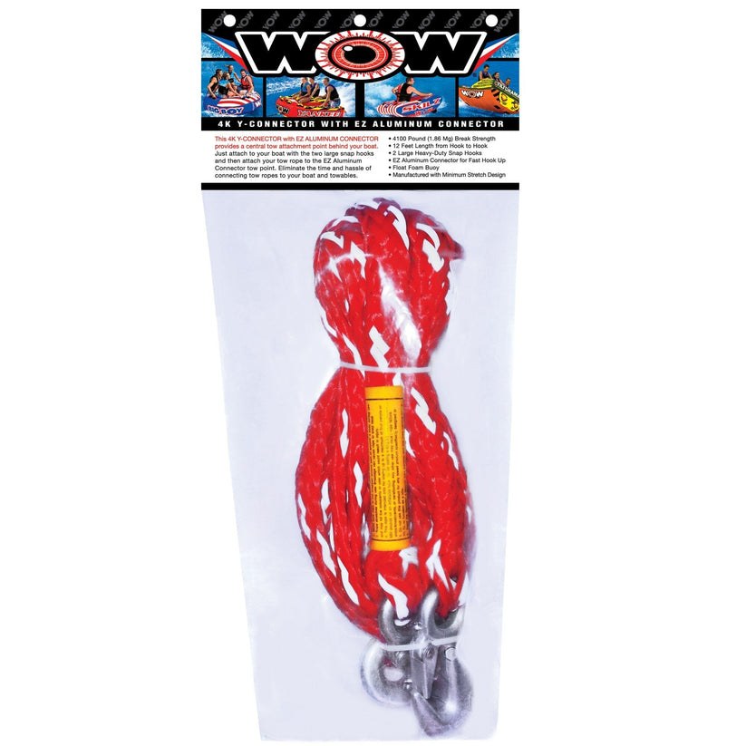 Wow Sports Towable Tube Tow Rope, 4K, Use to Tow Towable Tube of 1 to 4 Riders, 4100 Pound Breaking Strength, 12 Foot Length, Red and White – 11-3030