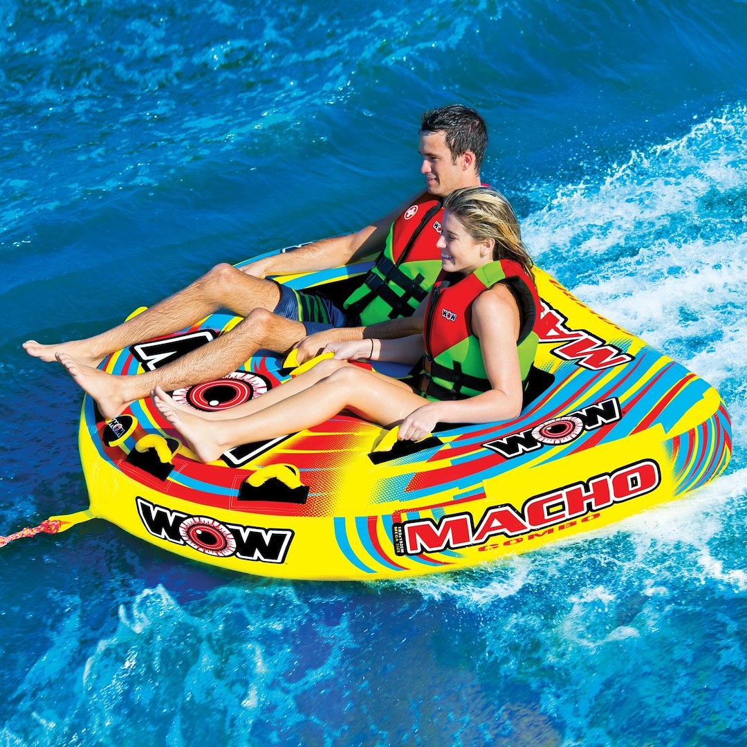 Wow Sports Towable Tube, Macho Combo Series, 1 to 2 Riders/ 340 Pound Load Capacity, 74 Inch Length X 62 Inch Width, Multi-Color – 16-1010