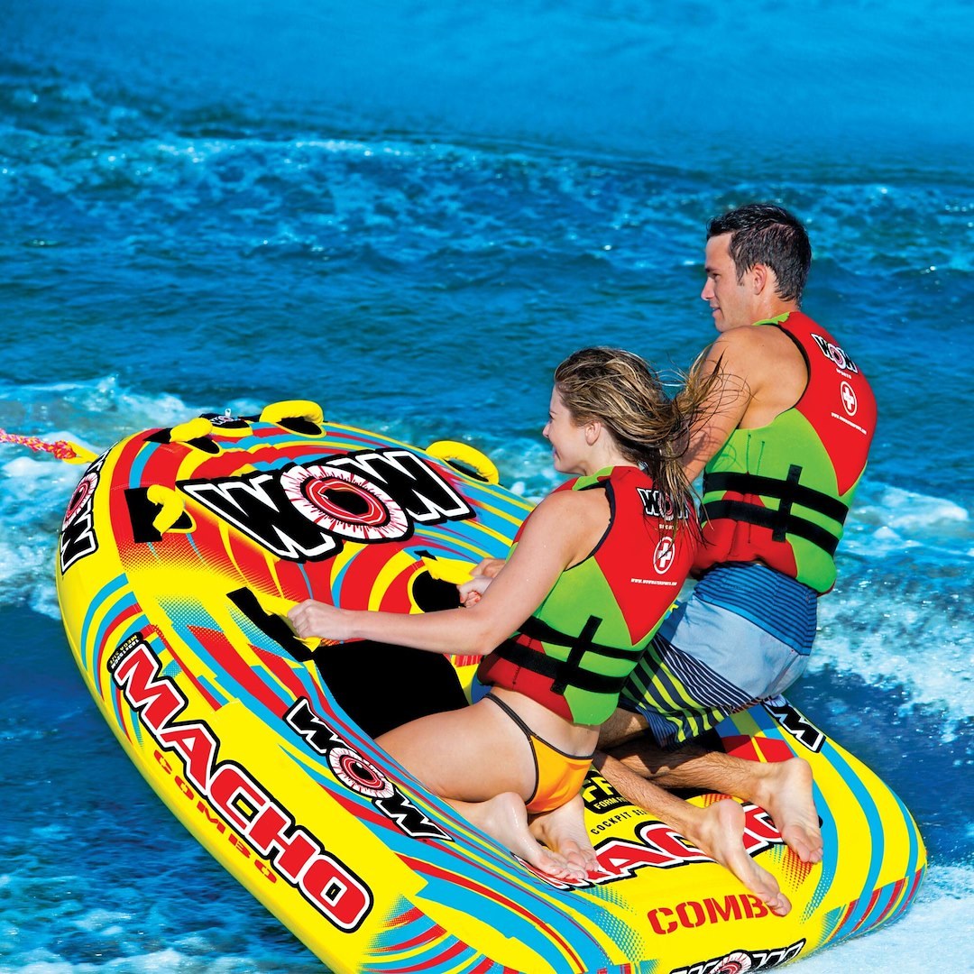 Wow Sports Towable Tube, Macho Combo Series, 1 to 2 Riders/ 340 Pound Load Capacity, 74 Inch Length X 62 Inch Width, Multi-Color – 16-1010