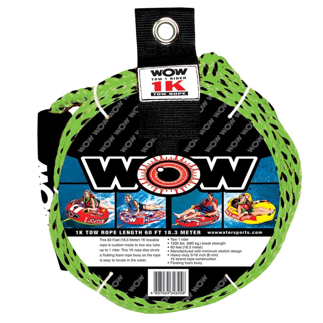 Wow Sports Towable Tube Tow Rope, 1K, Use to Tow Towable Tube of 1 Rider, 1500 Pound Breaking Strength, 60 Feet Length, Green and Black – 17-3010