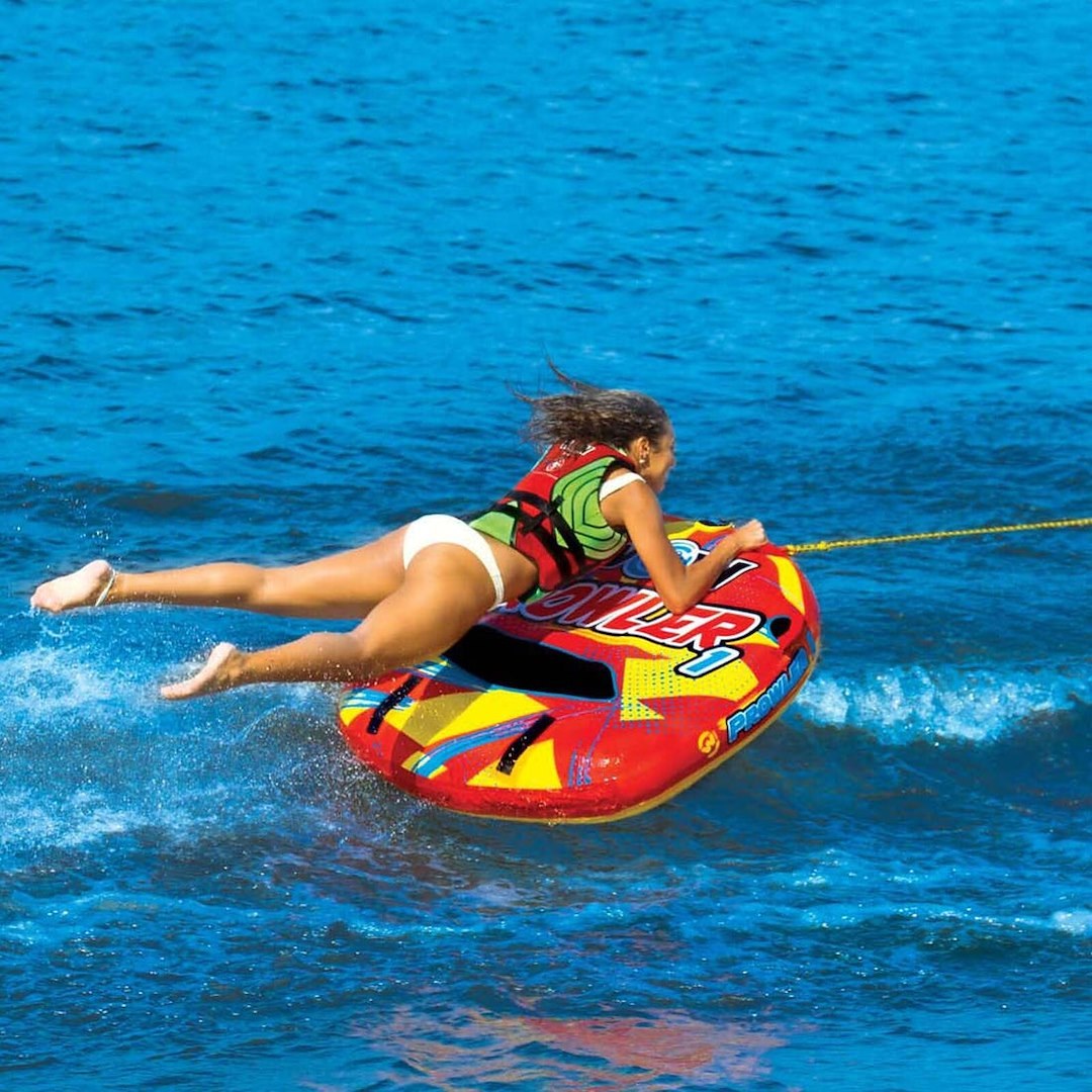 Wow Sports Towable Tube, Prowler, 1 Rider/ 170 Pound Load Capacity, Multi-Color, With 12 Volt Air Pump and Rope – 22-WTO-3990
