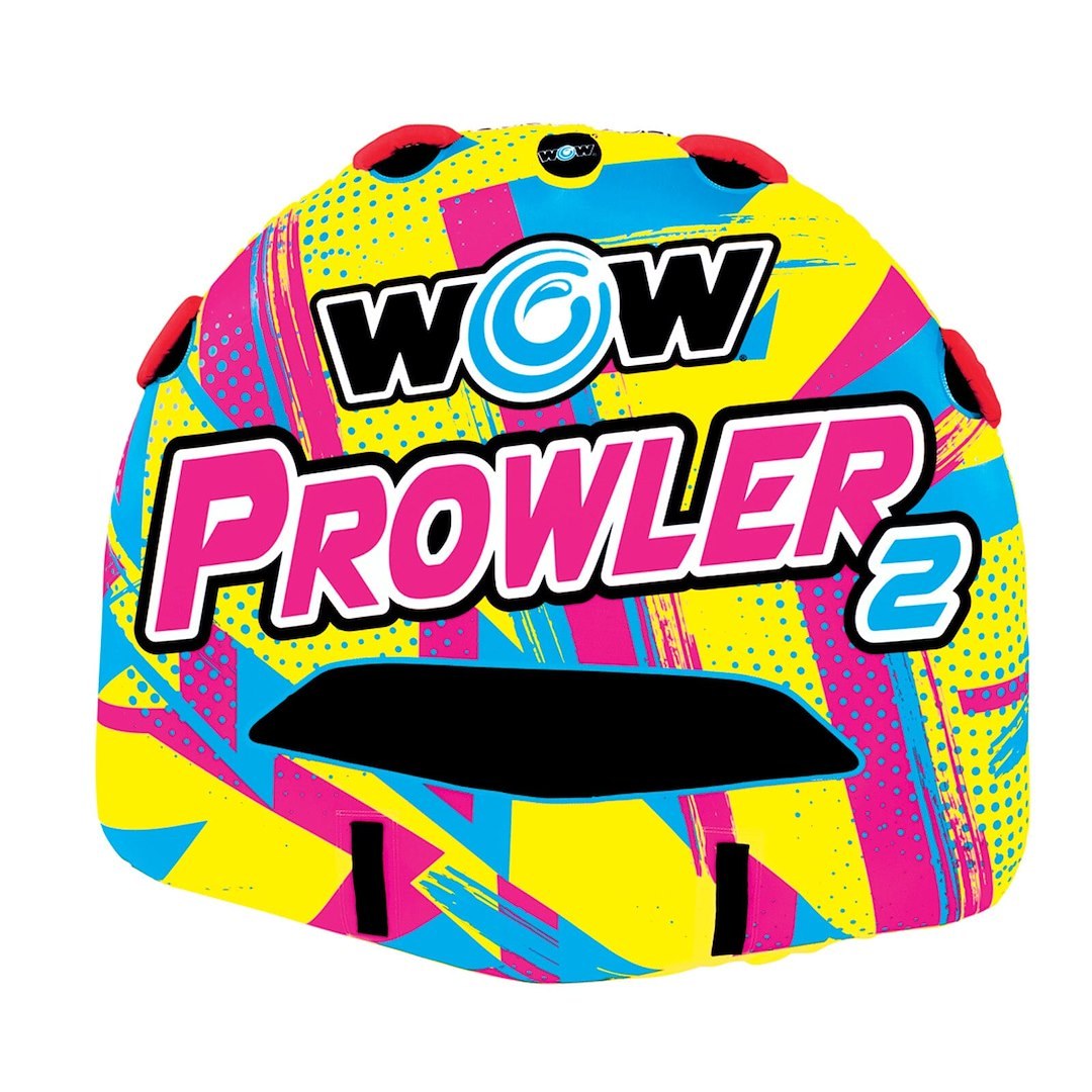 Wow Sports Towable Tube, Prowler, 1 to 2 Riders/ 340 Pound Load Capacity, Multi-Color, With 12 Volt Air Pump and Rope – 22-WTO-3991
