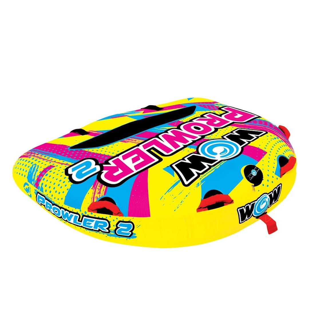 Wow Sports Towable Tube, Prowler, 1 to 2 Riders/ 340 Pound Load Capacity, Multi-Color, With 12 Volt Air Pump and Rope – 22-WTO-3991