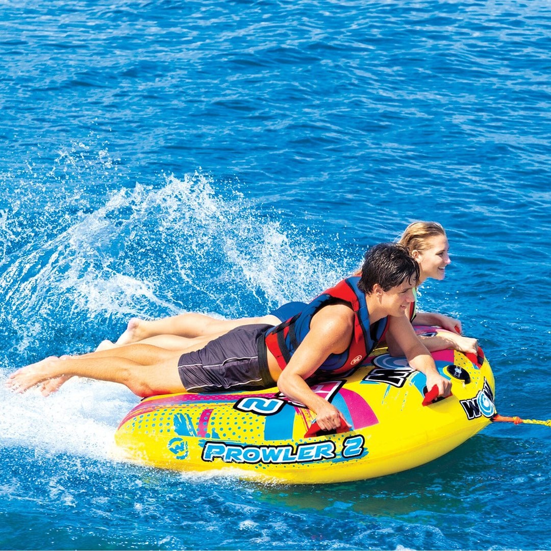Wow Sports Towable Tube, Prowler, 1 to 2 Riders/ 340 Pound Load Capacity, Multi-Color, With 12 Volt Air Pump and Rope – 22-WTO-3991