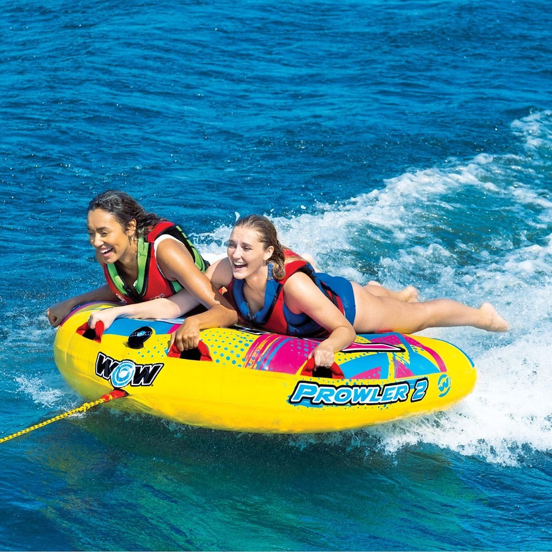 Wow Sports Towable Tube, Prowler, 1 to 2 Riders/ 340 Pound Load Capacity, Multi-Color, With 12 Volt Air Pump and Rope – 22-WTO-3991