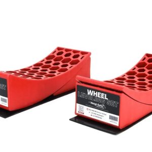 Weigh Safe Trailer Leveling Kit, Wheel Chock, With Curved Levelers/ Chocks/ and Non-Slip Mats, 29000 Pound Capacity, Orange, Polymer – WS-WLS