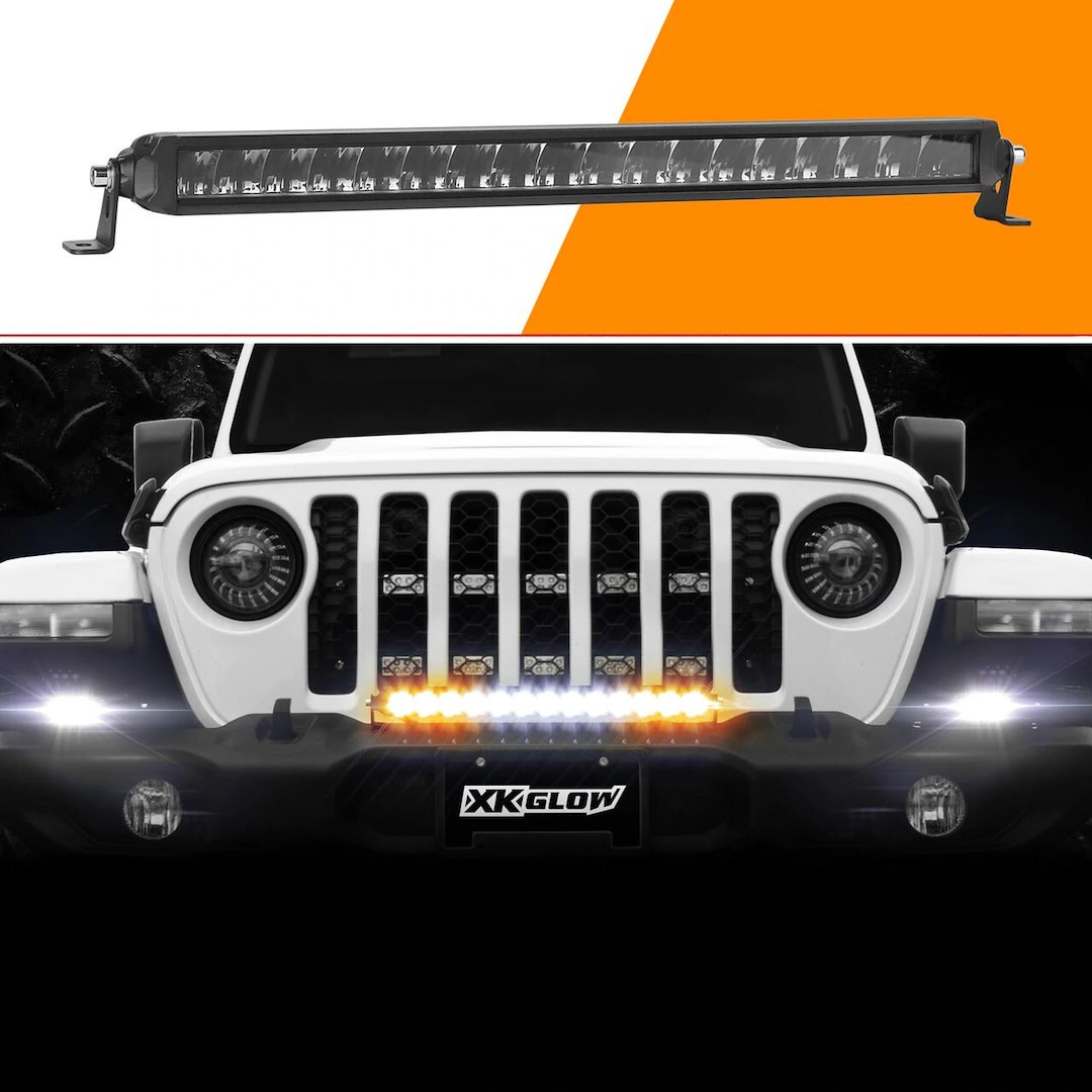 Xk Glow Light Bar, Razor Series, LED, 20 Inch Length, White and Amber, 40 Watt Fog Beam/ 24 Watt Strobe Beam/ 80 Watt High Beam – XK064020-DFS