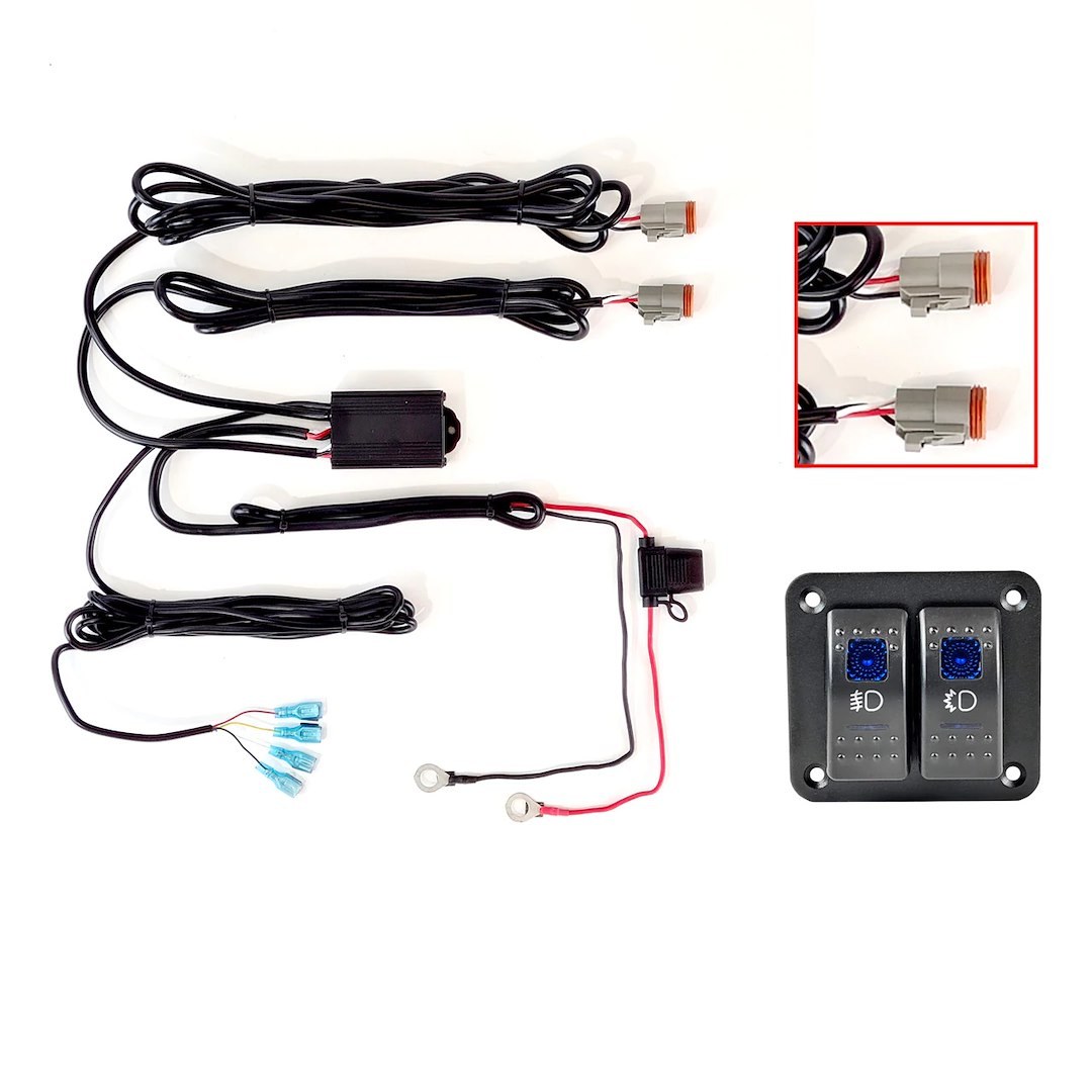 Xk Glow Switch Panel, Razor Series, Two Button Rocker Switch Panel, LED Indicator, Built-IN Fuse, Black, With Wiring Harness – XK064-WIRE-2OP