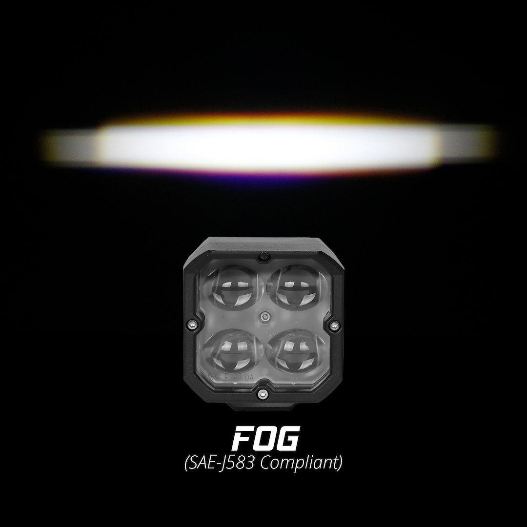 Xk Glow Driving/ Fog Light, LED Bulb, 3 Inch Square, 20 Watt White/ 3 Watt Rgb, Fog Beam, 2000 Lumens, Amber Lens, Black Housing, Single – XK065001-FO