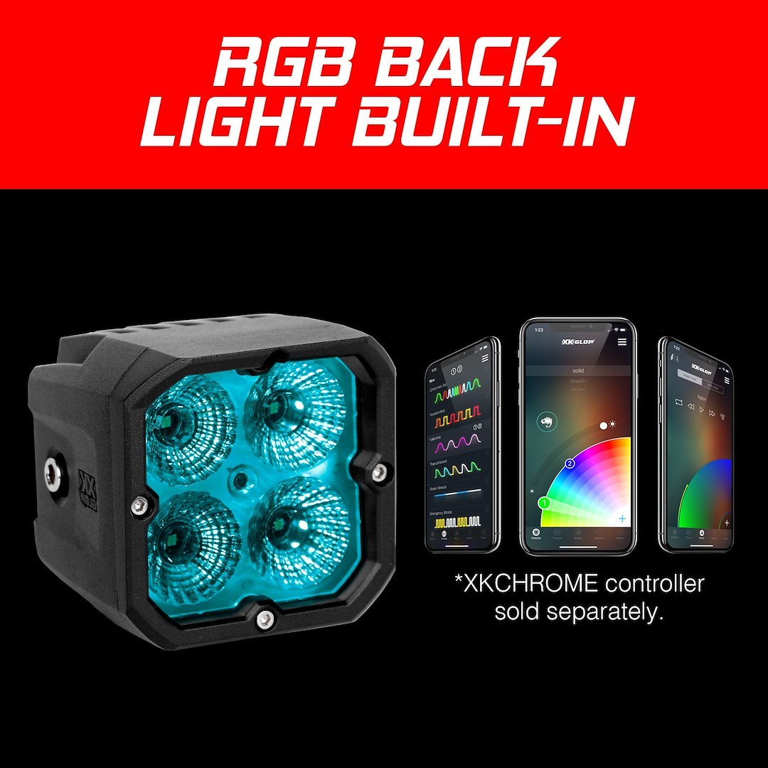 Xk Glow Driving/ Fog Light, LED Bulb, 3 Inch Square, 20 Watt White/ 3 Watt Rgb, Fog Beam, 2000 Lumens, Amber Lens, Black Housing, Single – XK065001-FO