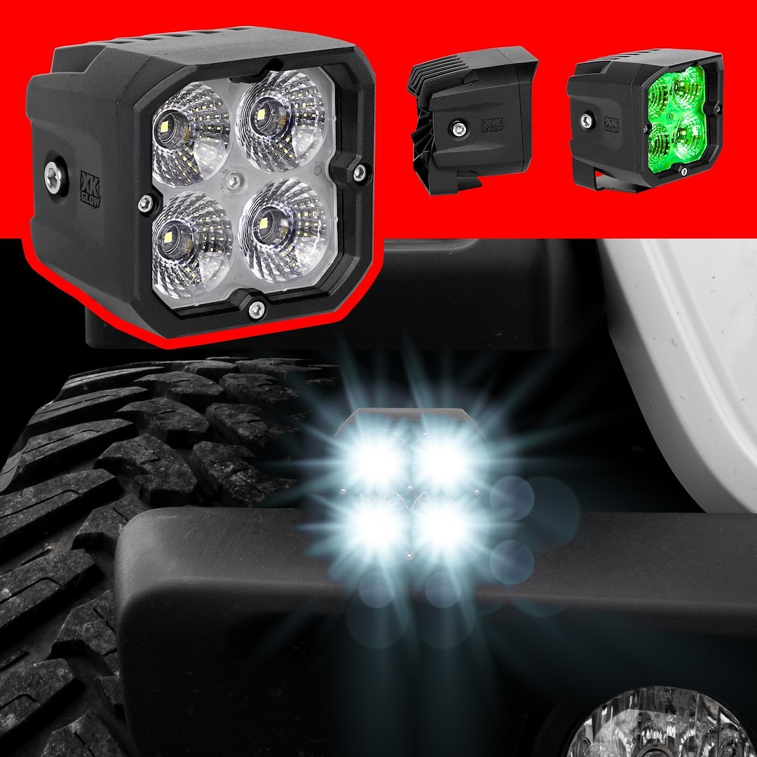 Xk Glow Driving/ Fog Light, LED Bulb, 3 Inch Square, 20 Watt White/ 3 Watt Rgb, Fog Beam, 2000 Lumens, Amber Lens, Black Housing, Single – XK065001-FO