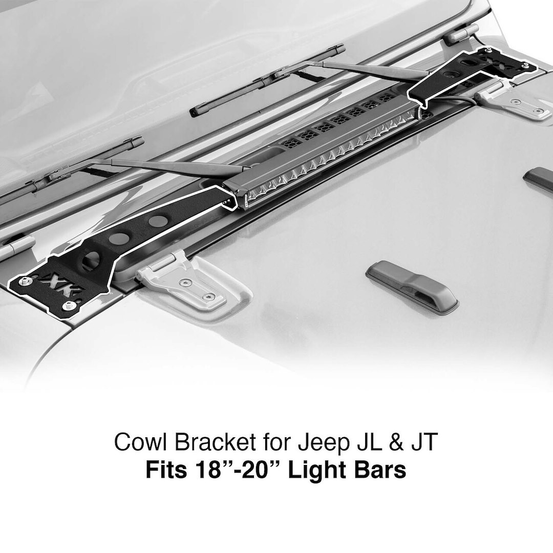 Xk Glow Light Bar Mounting Kit, Driving/ Fog Light Mounting Bracket, Hood Mount, Mounts One Light Bar, Black – XK-BRC-COWL-JL2