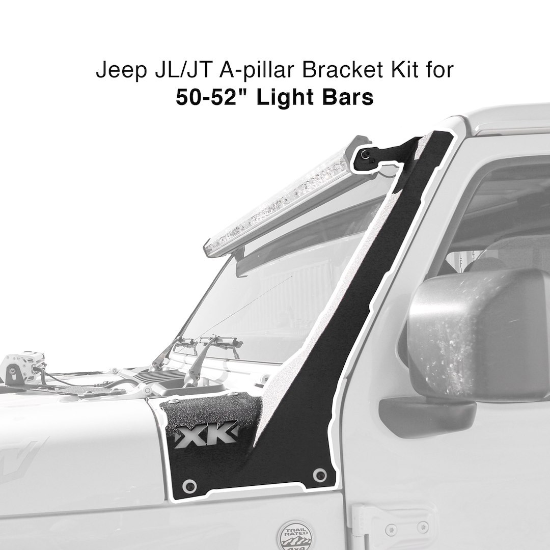 Xk Glow Light Bar Mounting Kit, A-Pillar Mount, Mounts to 50 to 52 Inch Light Bar, Powder Coated Black – XK-BRC-JL-AP