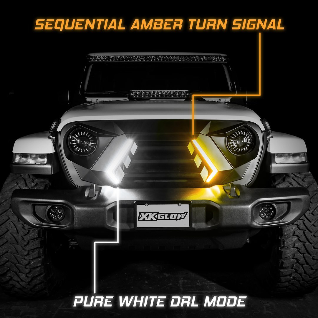 Xk Glow Daytime Running Light – LED, Black Rectangular Housing, Clear Lens, LED Bulb, Set of 2, 12 Volt DC, With Single Zone Controller – XK-GRILL-JL1