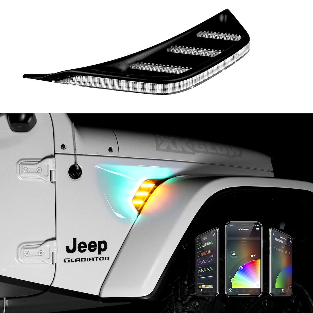 Xk Glow Side Marker Light – LED, Fender Vent, Clear Lens, Black Trim, Amber, Set of 2, App Controlled Side Profile Rgb Light – XK-VENT-RGB-KIT