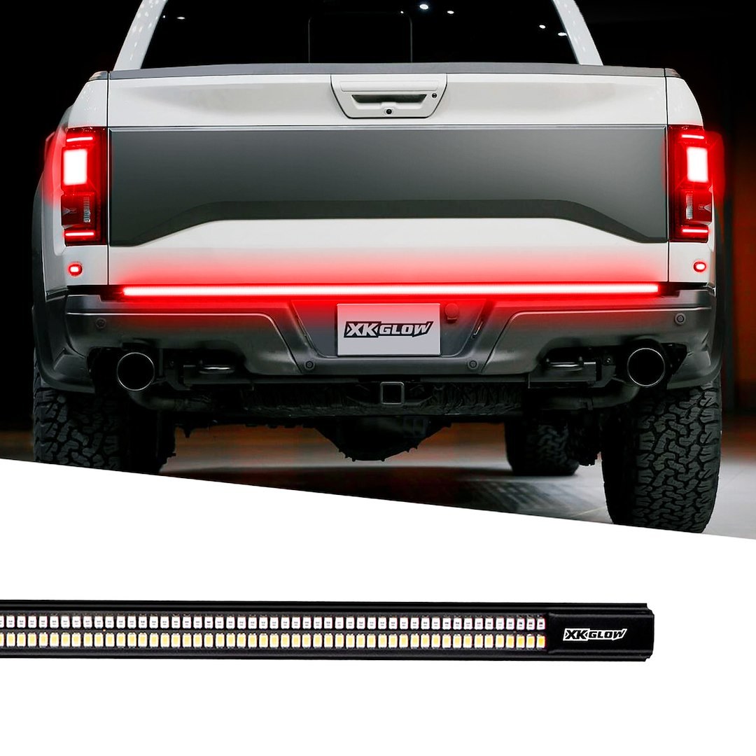 Xk Glow Tailgate Light – LED, 48 Inch Light Bar, Clear Lens, White Reverse/ Red Running/ Red Brake, Black Housing, 1 to 2 Splitter Wire – XK041024