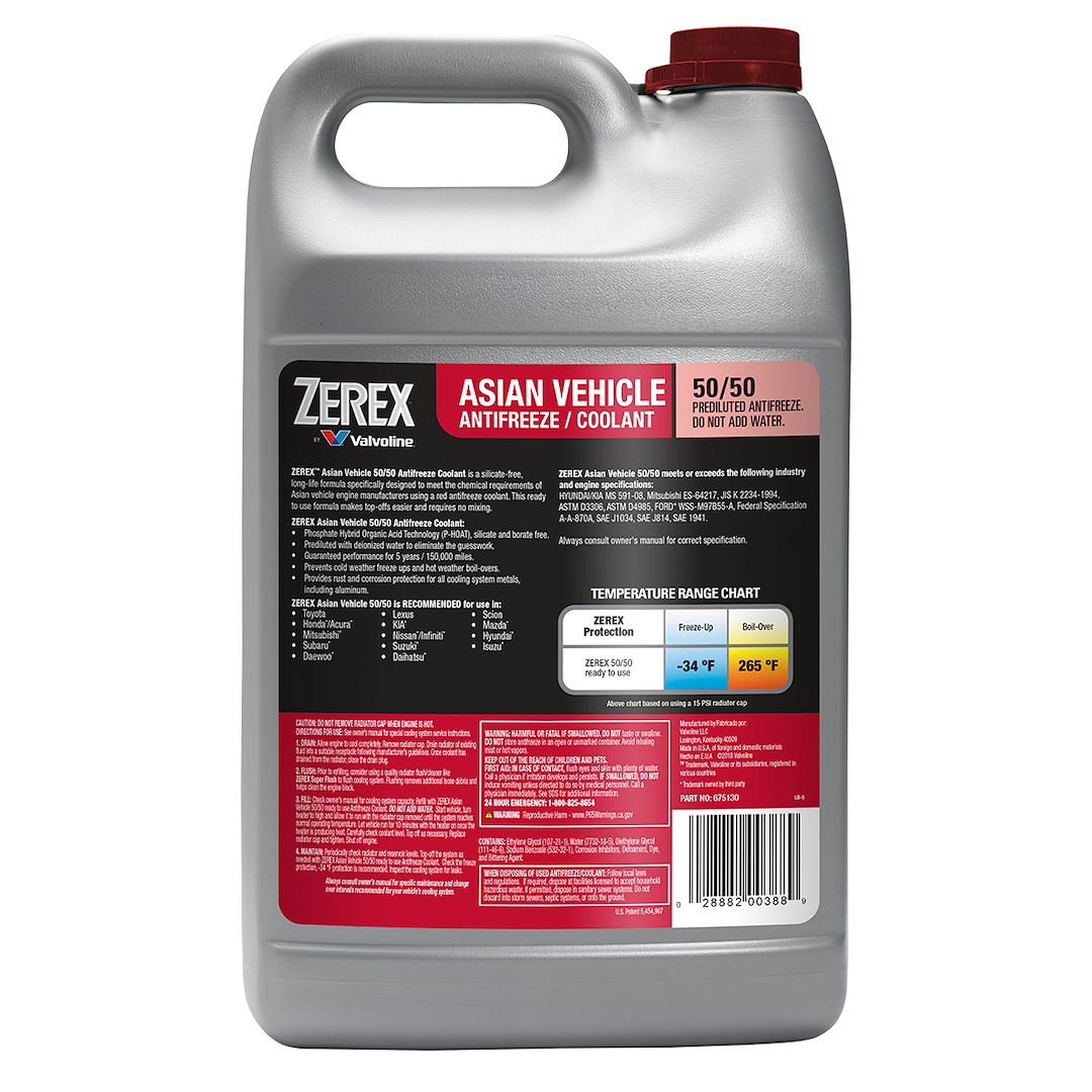 Zerex Engine Coolant, Pre-Mixed 50-50, Red, Service Life of Up to 5 Years or 150,000 Miles, 1 Gallon Jug, Single, For Asian Vehicle – 675130