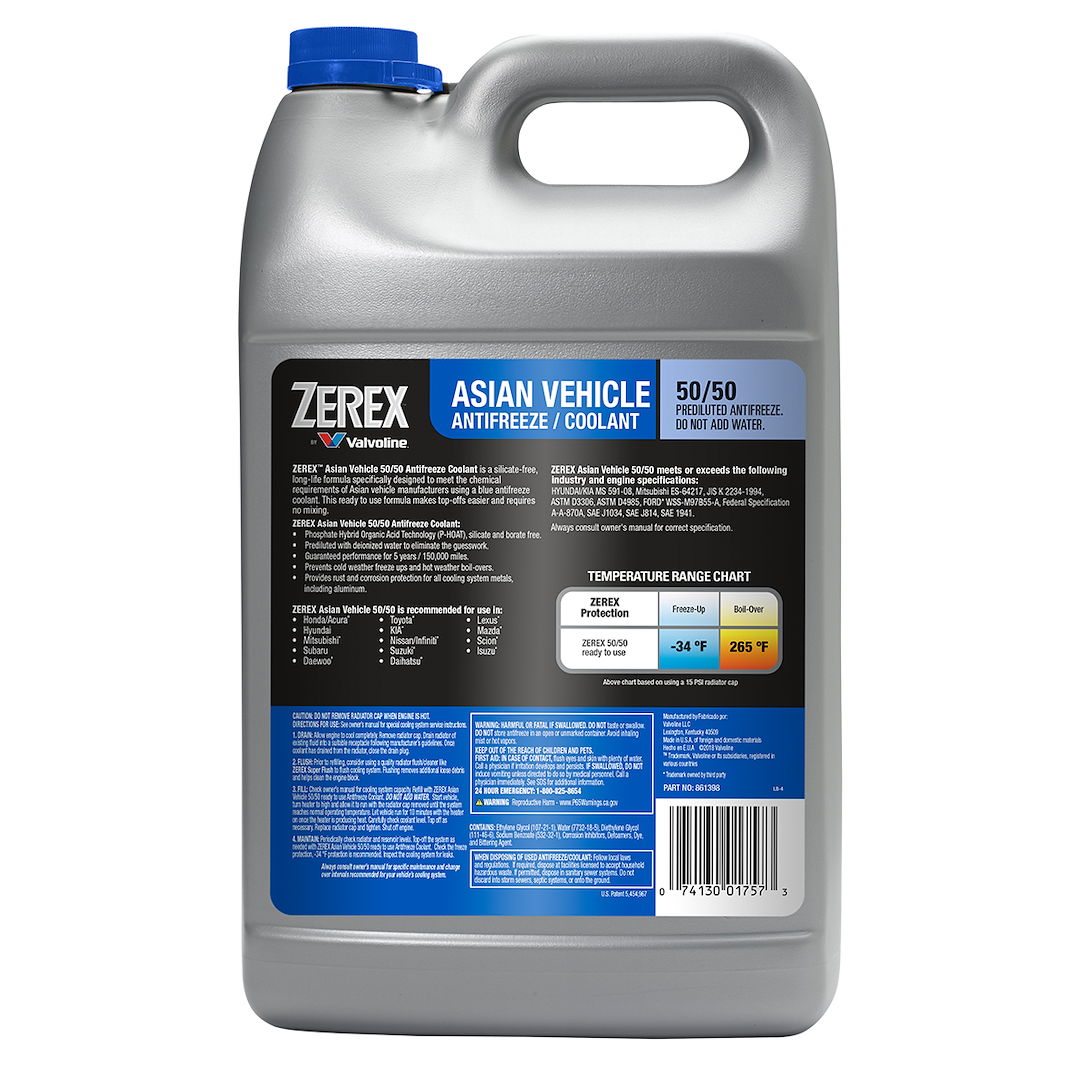 Zerex Engine Coolant, Pre-Mixed 50-50, Blue, Service Life of Up to 5 Years or 150,000 Miles, 1 Gallon Jug, Single, For Asian Vehicle – 861398