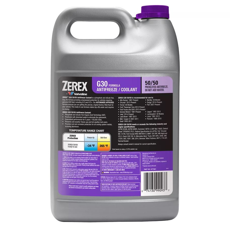 Zerex Engine Coolant, G30®, Pre-Mixed 50-50, Violet, Service Life of Up to 5 Years or 150,000 Miles, 1 Gallon Jug, Single – 877981