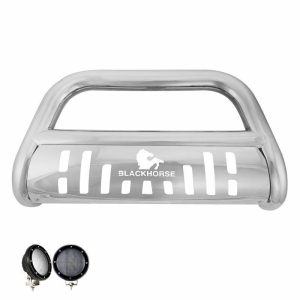 Black Horse Off Road Bull Bar, 2-1/2 Inch Diameter Tube, Polished, Stainless Steel, With Skid Plate – BB049705-SP-PLFB