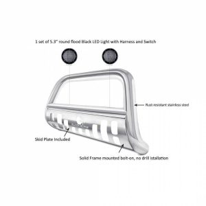 Black Horse Off Road Bull Bar, 2-1/2 Inch Diameter Tube, Polished, Stainless Steel, With Skid Plate – BB049705-SP-PLFB