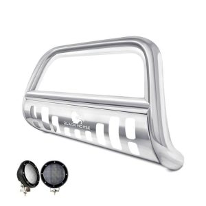 Black Horse Off Road Bull Bar, 2-1/2 Inch Diameter Tube, Polished, Stainless Steel, With Skid Plate – BB049705-SP-PLFB