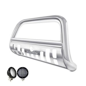 Black Horse Off Road Bull Bar, 2-1/2 Inch Diameter Tube, Polished, Stainless Steel, With Skid Plate – BB093904-SP-PLFB