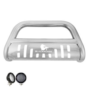 Black Horse Off Road Bull Bar, 2-1/2 Inch Diameter Tube, Polished, Stainless Steel, With Skid Plate – BB093904-SP-PLFB