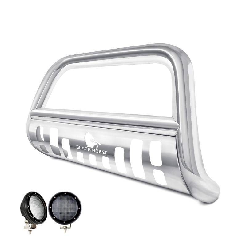 Black Horse Off Road Bull Bar, 2-1/2 Inch Diameter Tube, Polished, Stainless Steel, With Skid Plate – BB096410-SP-PLFB