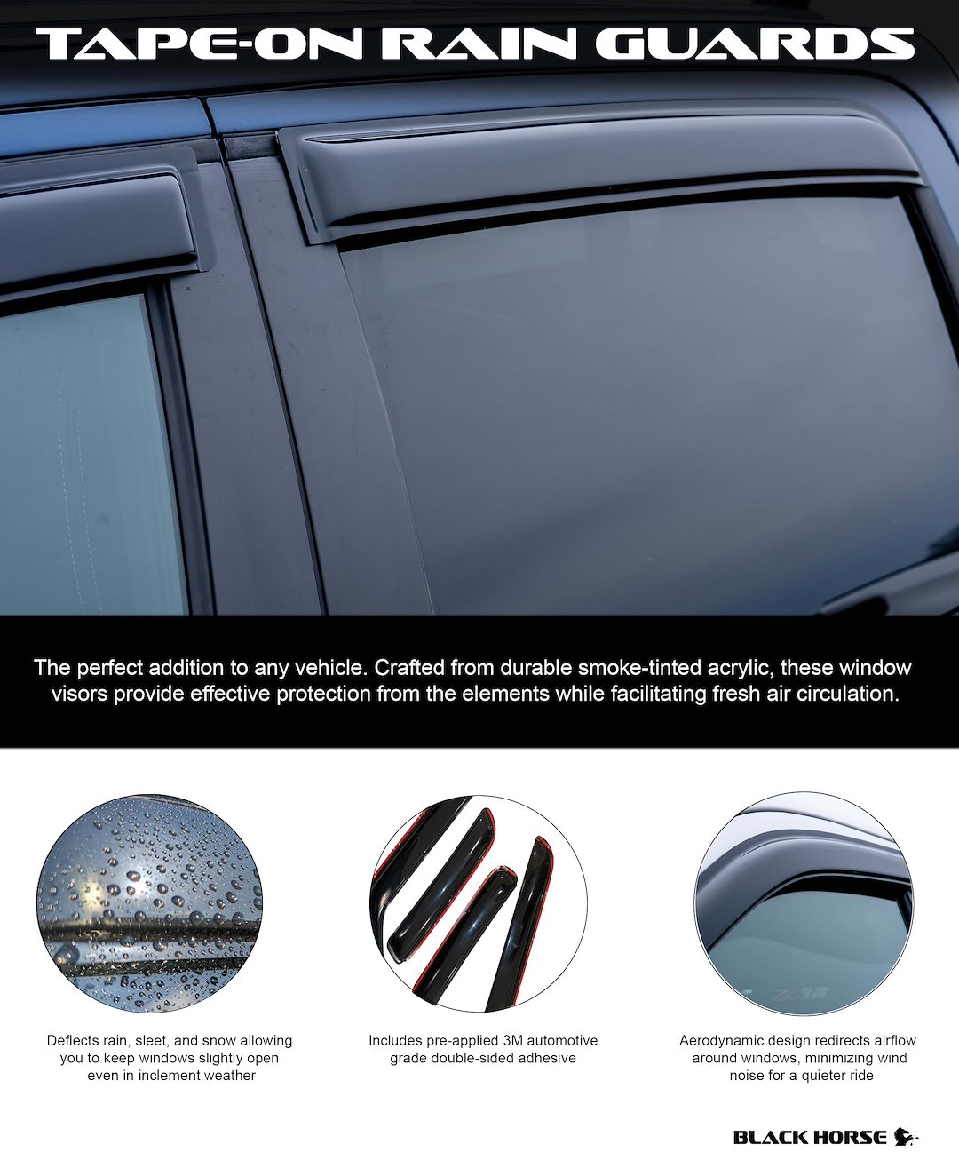 Black Horse Off Road Rainguard, Aerodynamic Design, Tape-On, Smoke, Acrylic – 141648