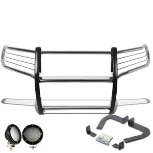 Black Horse Off Road Grille Guard, 3-Piece Modular, Polished, Stainless Steel, 1-1/2 Inch Diameter, With Brush Guard – 17A080202MSS-PLFB
