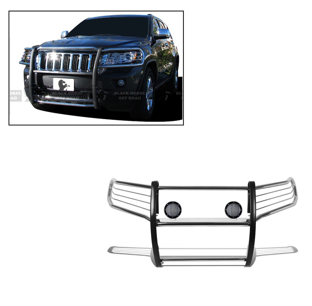 Black Horse Off Road Grille Guard, 3-Piece Modular, Polished, Stainless Steel, 1-1/2 Inch Diameter, With Brush Guard – 17A080202MSS-PLFB