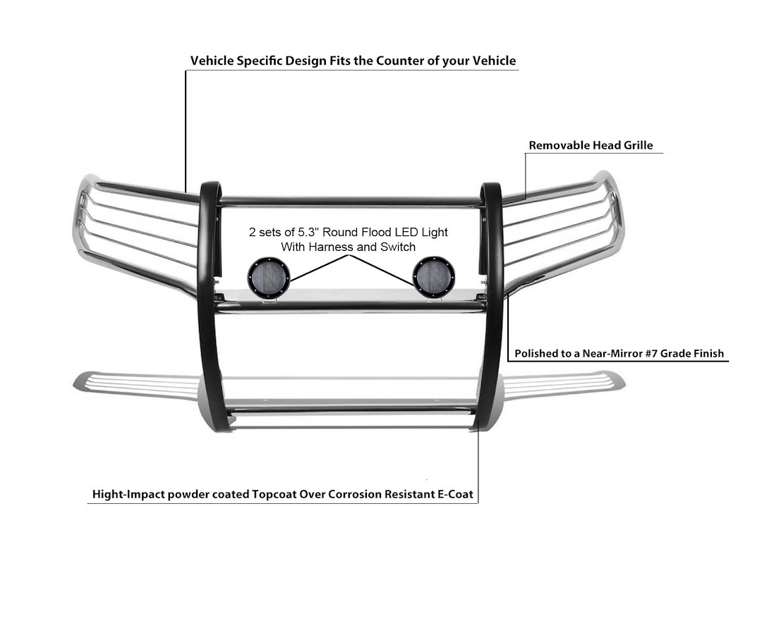 Black Horse Off Road Grille Guard, 3-Piece Modular, Polished, Stainless Steel, 1-1/2 Inch Diameter, With Brush Guard – 17A080202MSS-PLFB