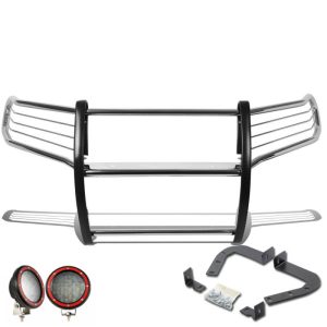 Black Horse Off Road Grille Guard, 3-Piece Modular, Polished, Stainless Steel, 1-1/2 Inch Diameter, With Brush Guard – 17A080202MSS-PLFR