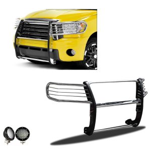 Black Horse Off Road Grille Guard, 3-Piece Modular, Polished, Stainless Steel, 1-1/2 Inch Diameter, With Brush Guard – 17A098900MSS-PLFB