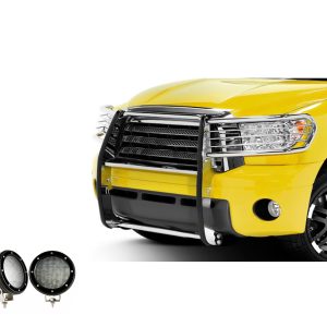 Black Horse Off Road Grille Guard, 3-Piece Modular, Polished, Stainless Steel, 1-1/2 Inch Diameter, With Brush Guard – 17A098900MSS-PLFB