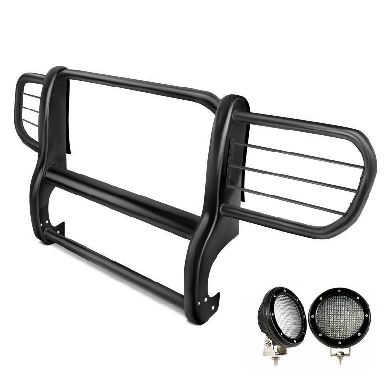 Black Horse Off Road Grille Guard, 3-Piece Modular, Powder Coated, Steel, 1-1/2 Inch Diameter, With Brush Guard, Without Skid Plate – 17EH26MA-PLFB
