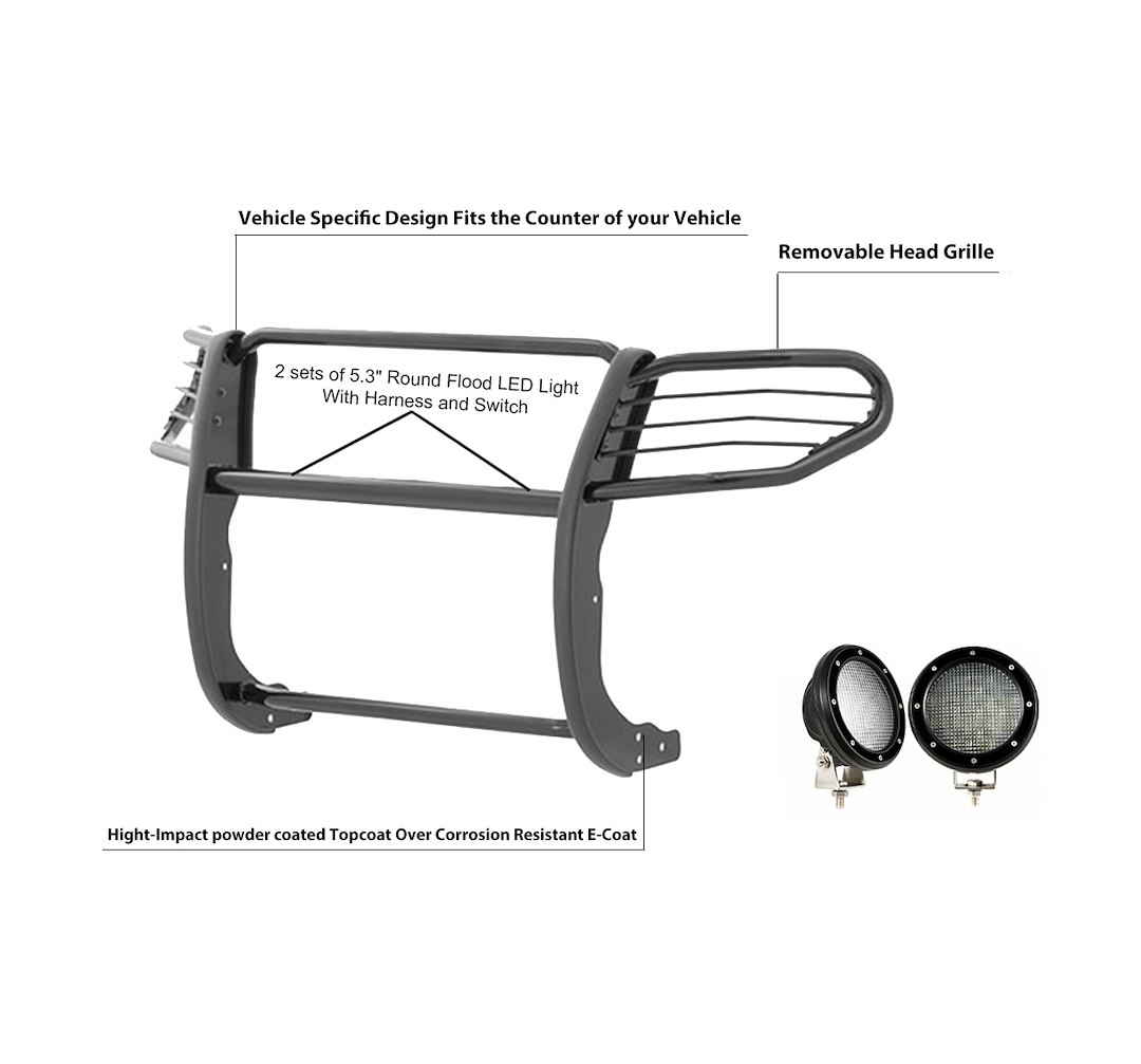 Black Horse Off Road Grille Guard, 3-Piece Modular, Powder Coated, Steel, 1-1/2 Inch Diameter, With Brush Guard, Without Skid Plate – 17FJ28MA-PLFB