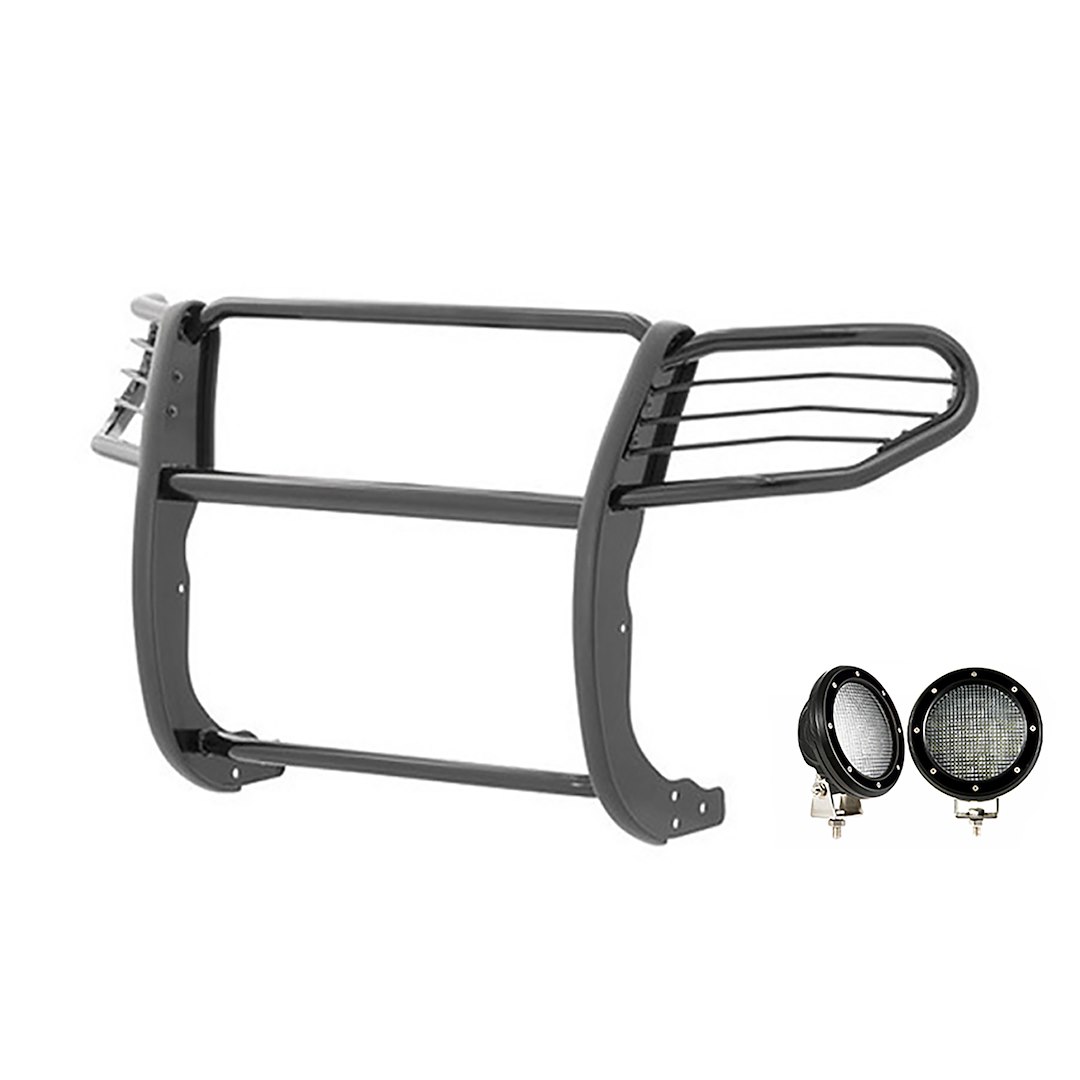 Black Horse Off Road Grille Guard, 3-Piece Modular, Powder Coated, Steel, 1-1/2 Inch Diameter, With Brush Guard, Without Skid Plate – 17FJ28MA-PLFB