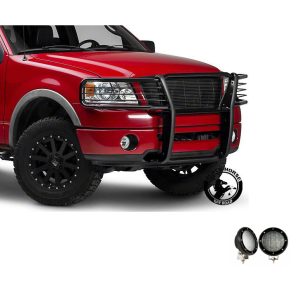 Black Horse Off Road Grille Guard, 3-Piece Modular, Powder Coated, Steel, 1-1/2 Inch Diameter, With Brush Guard, Without Skid Plate – 17FP28MA-PLFB