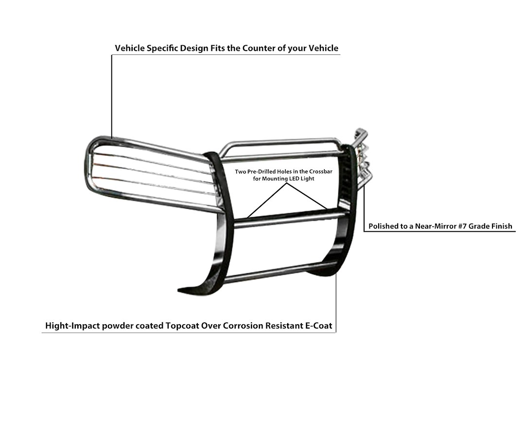 Black Horse Off Road Grille Guard, 3-Piece Modular, Polished, Stainless Steel, 1-1/2 Inch Diameter, With Brush Guard, Without Skid Plate – 17GD26MSS