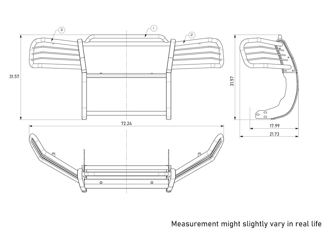 Black Horse Off Road Grille Guard, 3-Piece Modular, Polished, Stainless Steel, 1-1/2 Inch Diameter, With Brush Guard, Without Skid Plate – 17GD26MSS