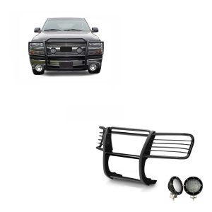 Black Horse Off Road Grille Guard, 3-Piece Modular, Powder Coated, Steel, 1-1/2 Inch Diameter, With Brush Guard, Without Skid Plate – 17GT23MA-PLFB