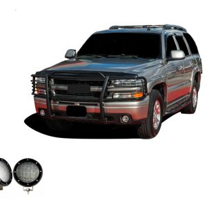 Black Horse Off Road Grille Guard, 3-Piece Modular, Powder Coated, Steel, 1-1/2 Inch Diameter, With Brush Guard, Without Skid Plate – 17GT23MA-PLFB