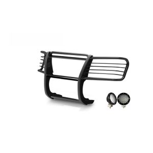 Black Horse Off Road Grille Guard, 3-Piece Modular, Powder Coated, Steel, 1-1/2 Inch Diameter, With Brush Guard, Without Skid Plate – 17GT23MA-PLFB