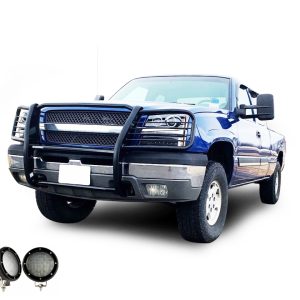 Black Horse Off Road Grille Guard, 3-Piece Modular, Powder Coated, Steel, 1-1/2 Inch Diameter, With Brush Guard, Without Skid Plate – 17GT25MA-PLFB