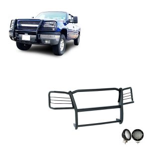 Black Horse Off Road Grille Guard, 3-Piece Modular, Powder Coated, Steel, 1-1/2 Inch Diameter, With Brush Guard, Without Skid Plate – 17GT25MA-PLFB