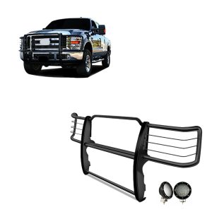Black Horse Off Road Grille Guard, 3-Piece Modular, Powder Coated, Steel, 1-1/2 Inch Diameter, With Brush Guard, Without Skid Plate – 17GT26MA-PLFB